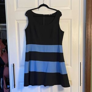 LOFT Black and Blue Striped Fit-Flare Dress